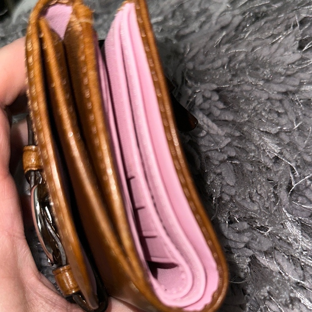 Coach Brown tan Leather Wallet with Buckle pink interior double bifold cute 🥰 - Picture 8 of 12